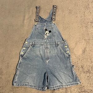 Vintage 90s Mickey Unlimited  Denim Shortalls Mickey Mouse Overalls Size 34